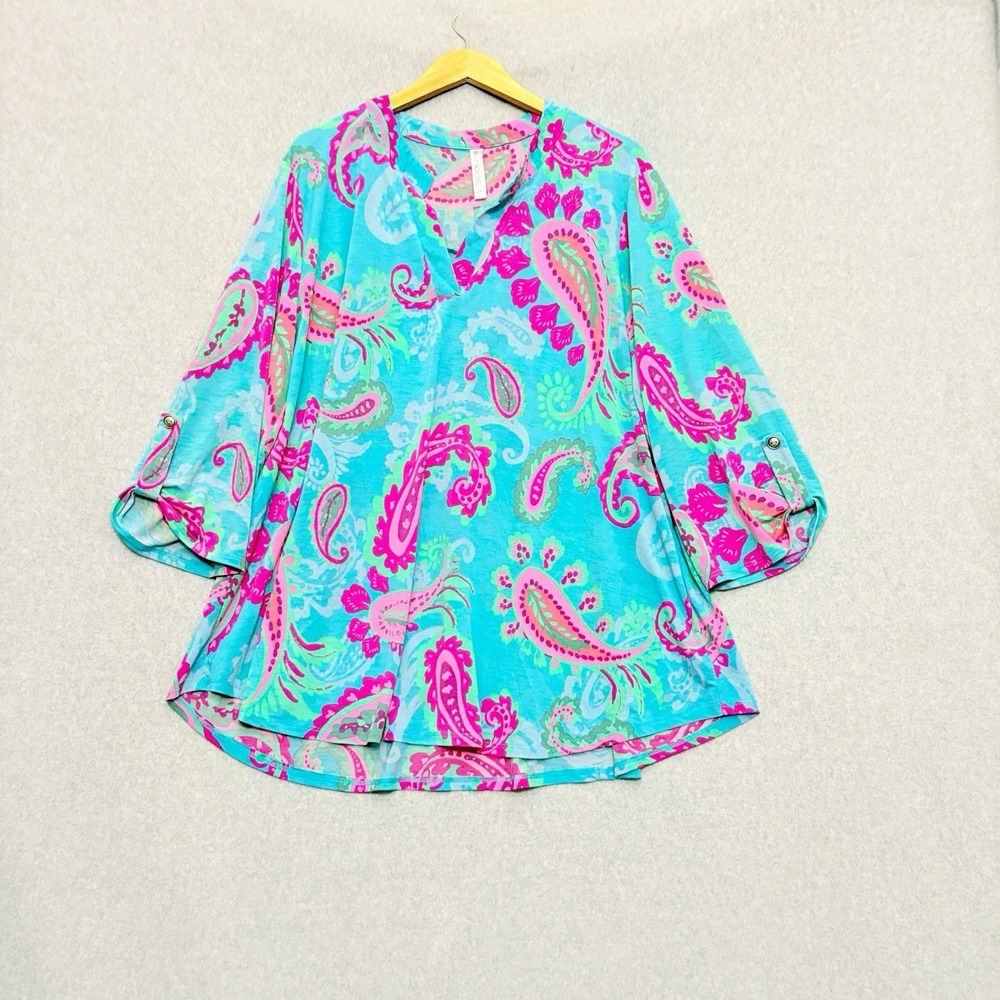 Dear Scarlett Tunic Top Size 3X Plus Bright Pop Art Paisley Stretchy Flowy Teal - Picture 1 of 8